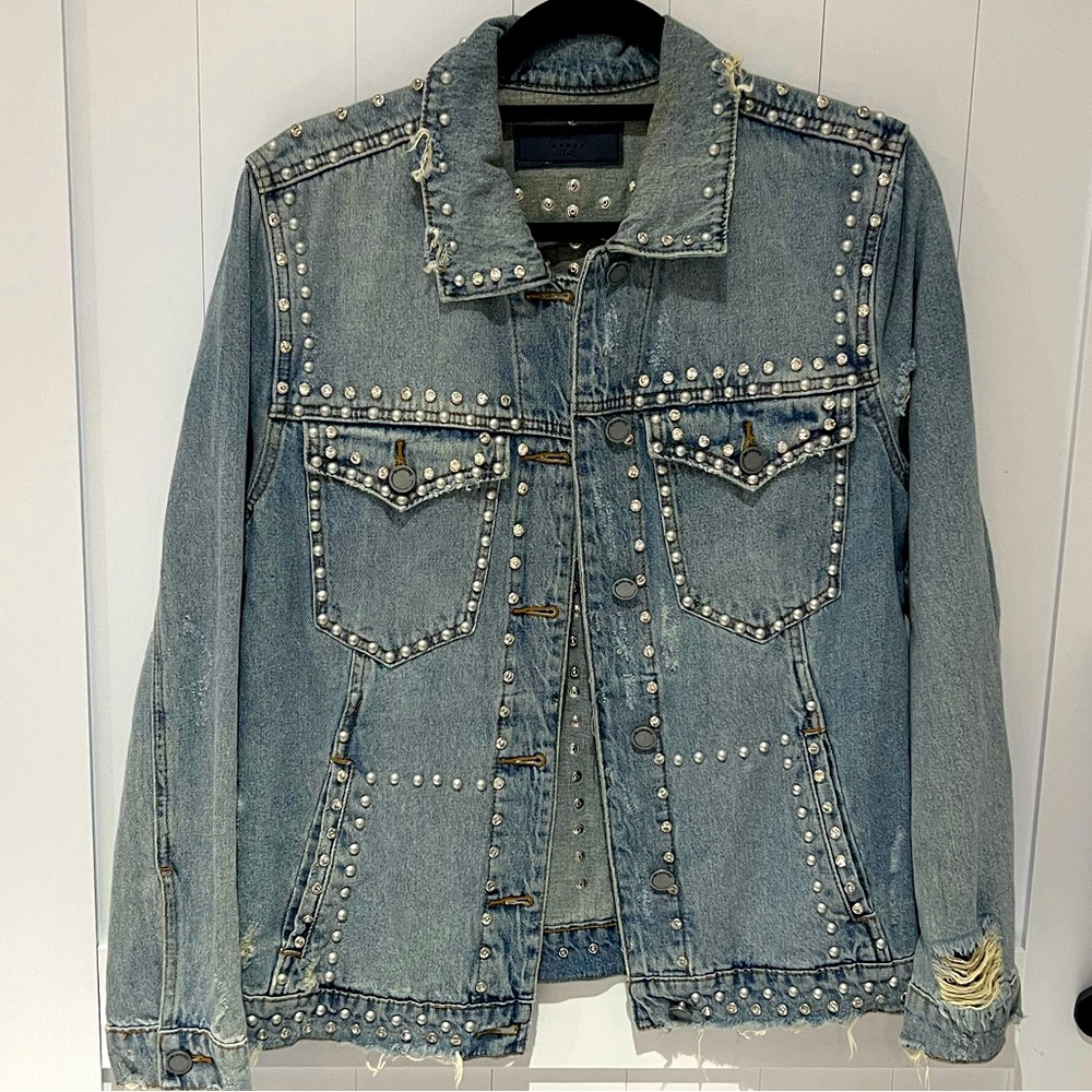 Distressed denim jacket with pearls and diamond rhinestones.  Only worn once